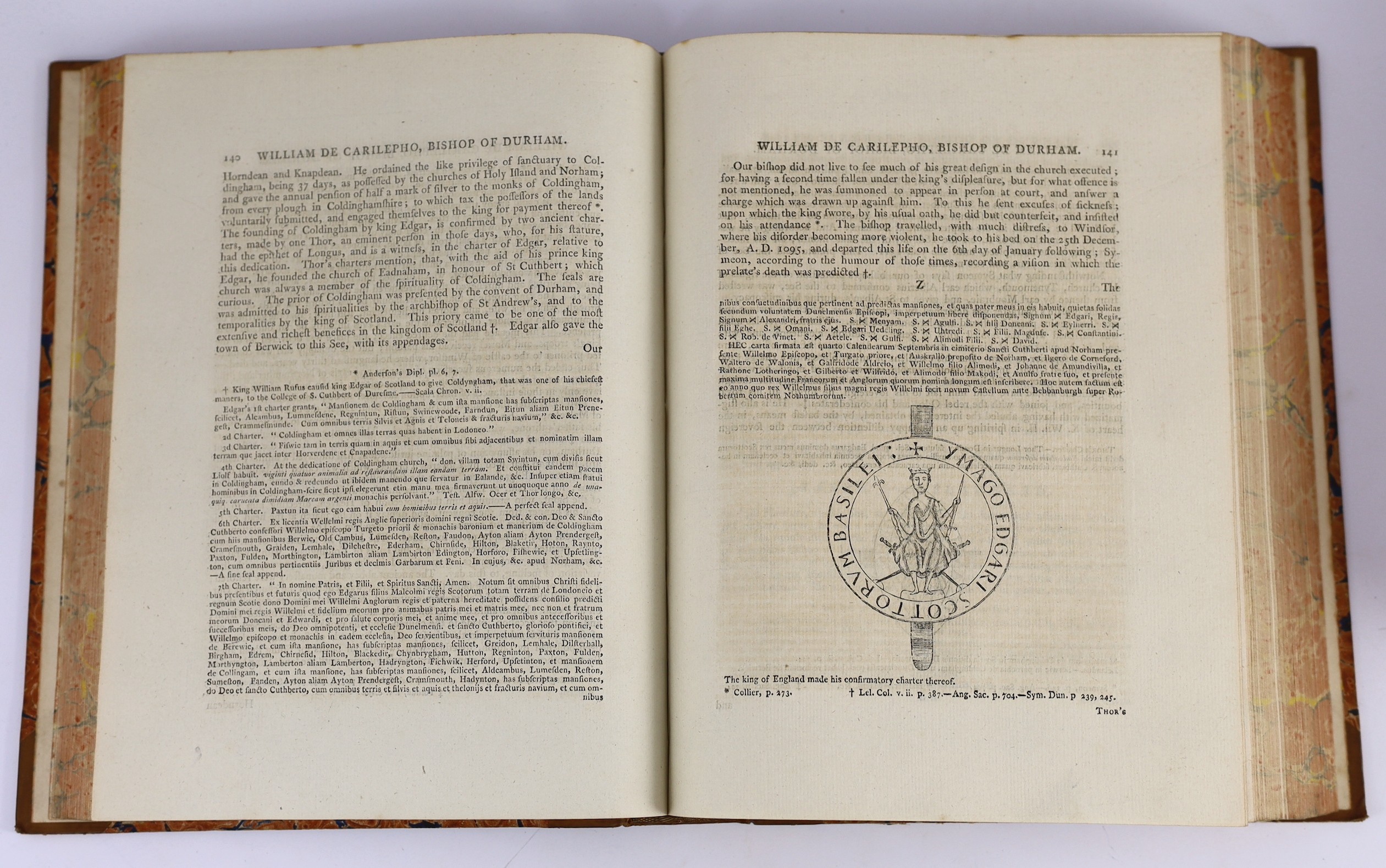 DURHAM: Hutchinson, William - The History and Antiquities of the County Palatine of Durham. 3 vols. engraved vignette titles, 53 plates (some folded), 14 pedigrees (mostly folded) and text engravings